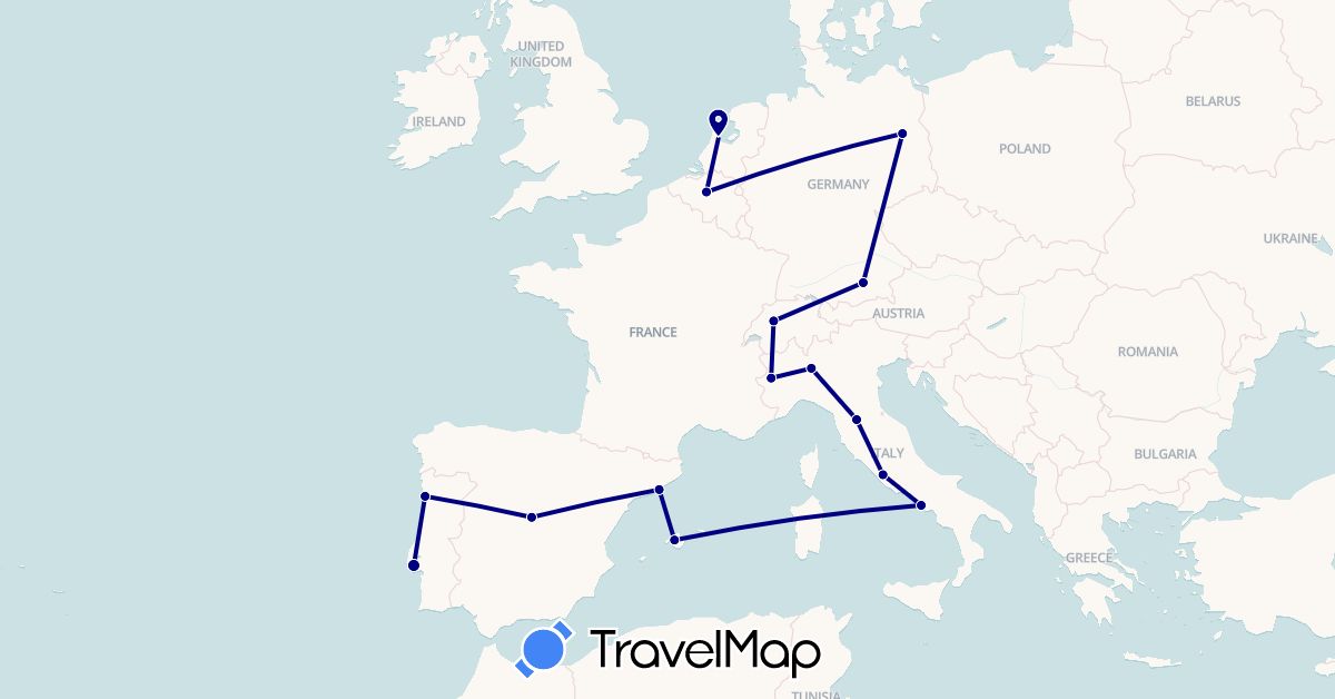TravelMap itinerary: driving in Belgium, Switzerland, Germany, Spain, Italy, Netherlands, Portugal (Europe)